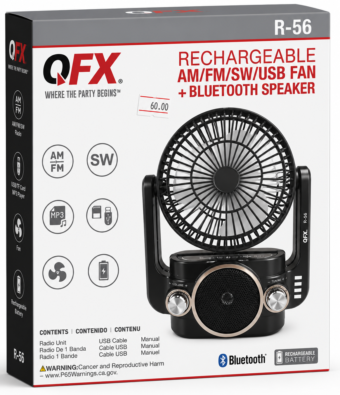QFX Rechargeable Am\Fm\USB Fan + Bluetooth Speaker